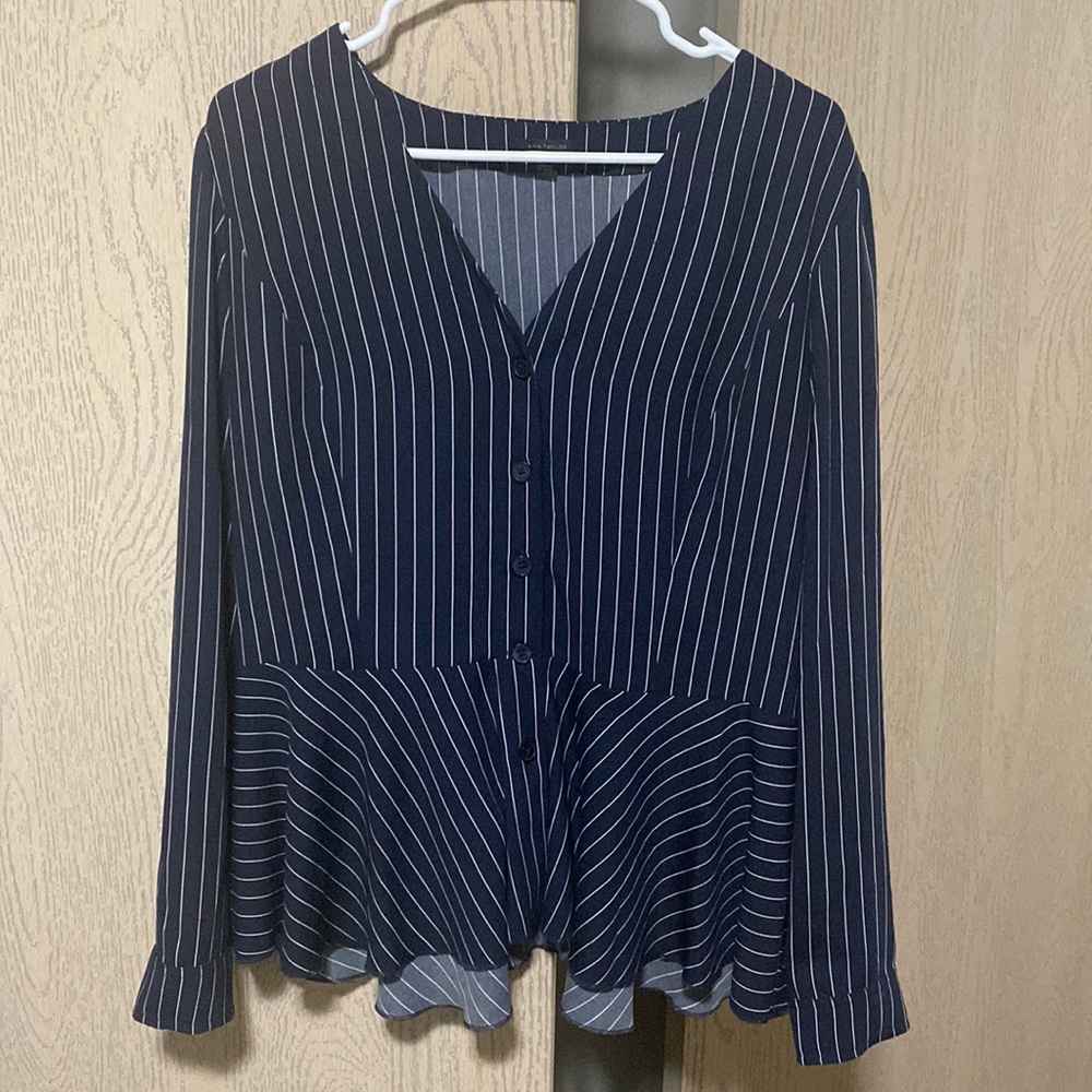 Ann Taylor Navy Striped V-Neck Blouse